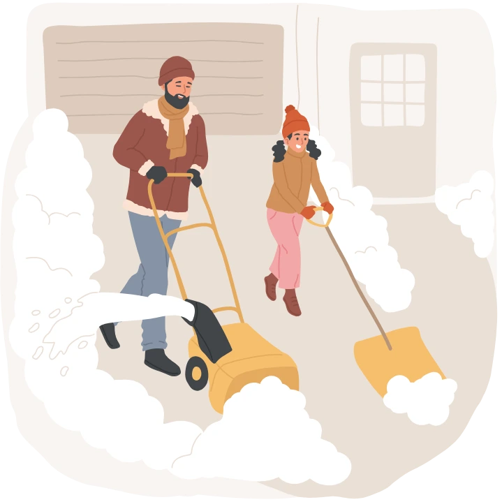 Mitarbeiter räumt Schnee vor einem Haus in Berlin mit Schneeschaufel und Räumgerät – professioneller Winterdienst